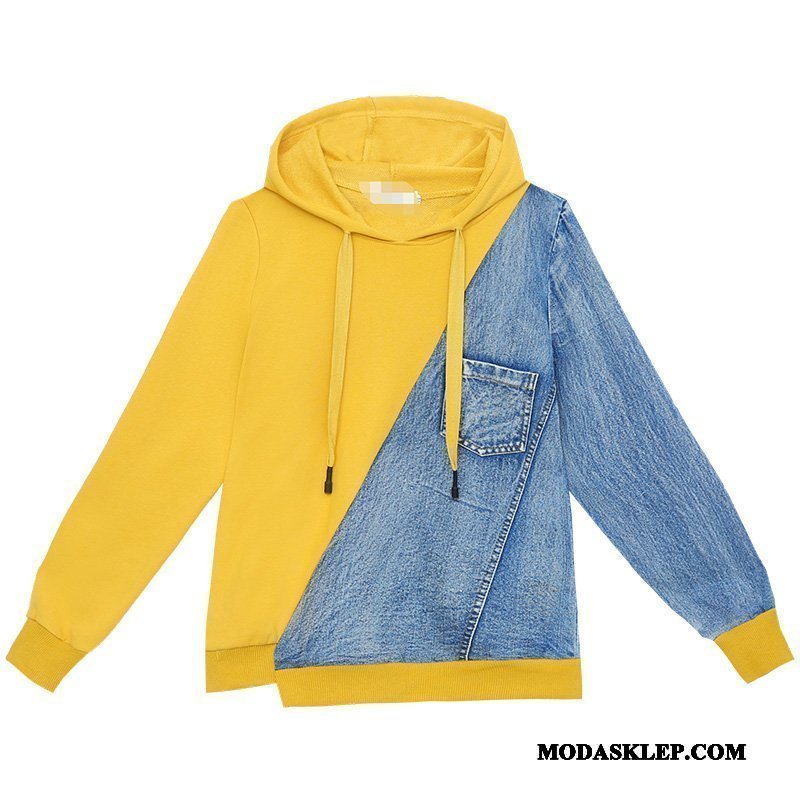 Damskie Bluza Z Kapturem Tanie Szerokie Denim Pullover Jesień Casual Żółty