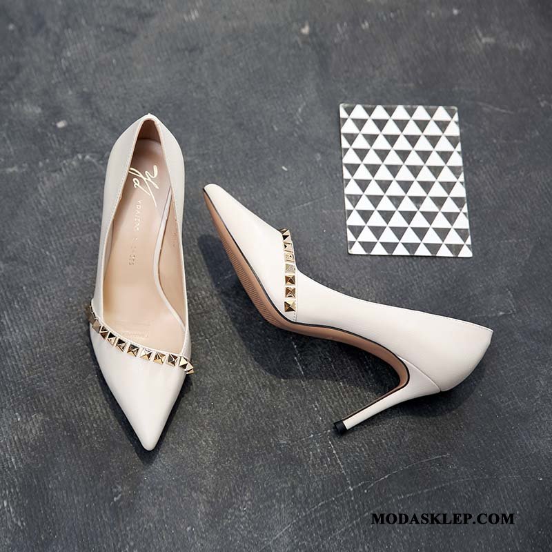 Damskie Buty Na Obcasie Sklep Moda Szpiczaste Nity Damska Cienkim Obcasie Beżowy Czarny Czerwony