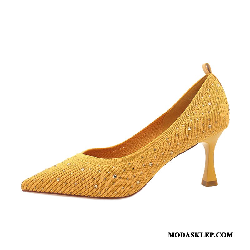 Damskie Buty Na Obcasie Sklep Szpiczaste Prawdziwa Skóra Rhinestone Cienkie Damska Jasny Żółty