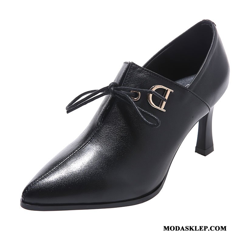 Damskie Buty Na Obcasie Sprzedam Szpiczaste Skórzane Buty Sznurowane Pojedyncze Buty Damska Czarny