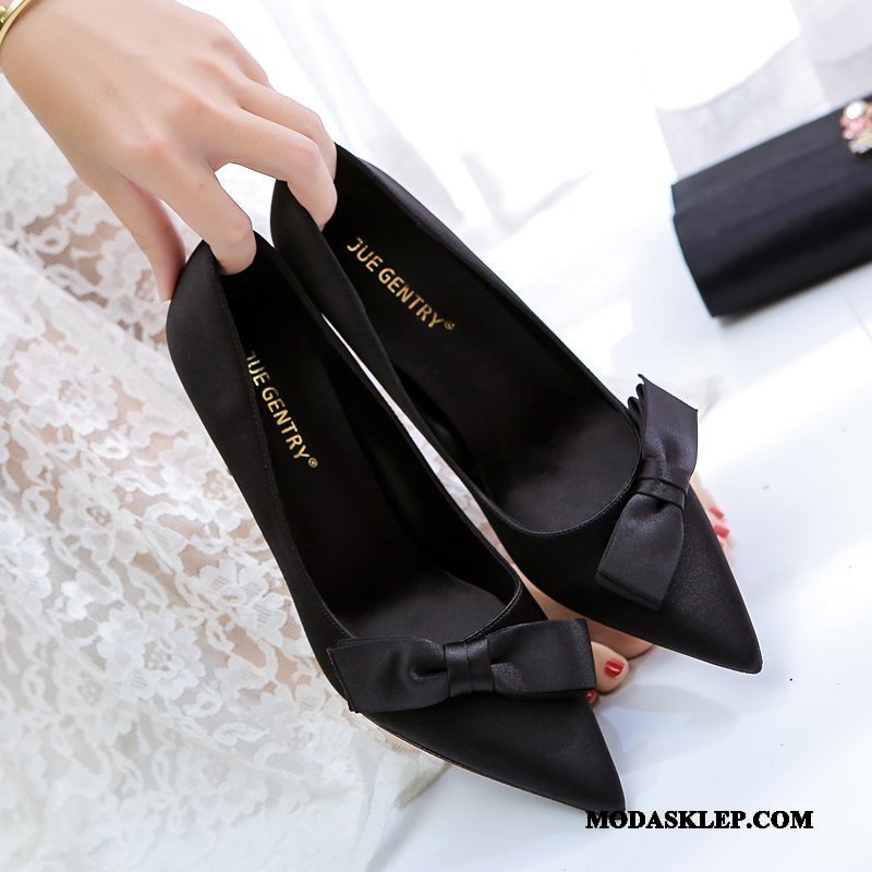 Damskie Buty Na Obcasie Tanie Szpiczaste Buty Ślubne Pojedyncze Buty Damska Satyna Czarny Czerwony