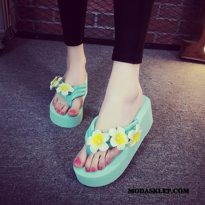 Damskie Japonki Online Z Grubą Podeszwą Wedge Moda Kwiaty Płaskie Niebieski