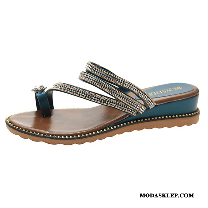 Damskie Japonki Tanie Lato Wedge Damska Rhinestone Płaskie Niebieski Czerwony