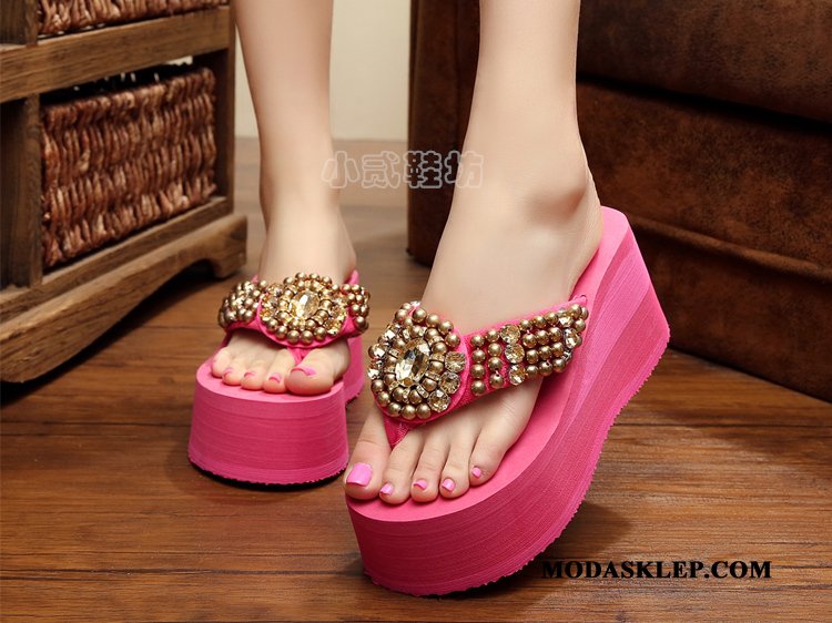 Damskie Japonki Tanie Z Grubą Podeszwą Wedge Buty Rhinestone Lato Róża