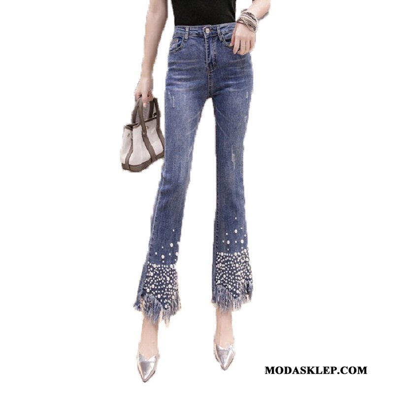Damskie Jeansy Online Cienkie Flare Tendencja Lato Dżinsy Ciemno Niebieski Czerwony