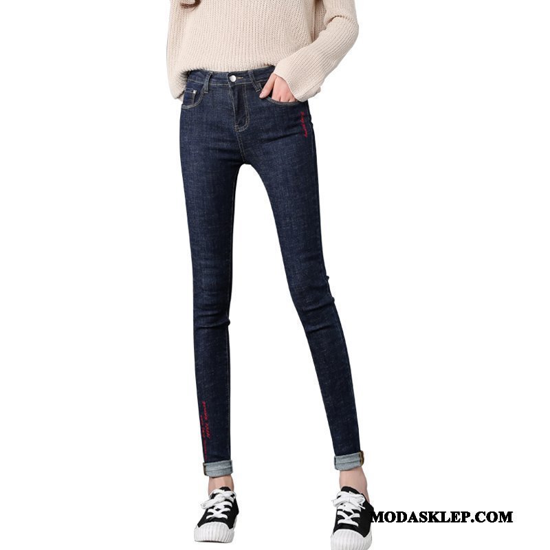 Damskie Jeansy Online Ołówkowe Spodnie Damska Slim Fit Elastyczne Jesień Niebieski