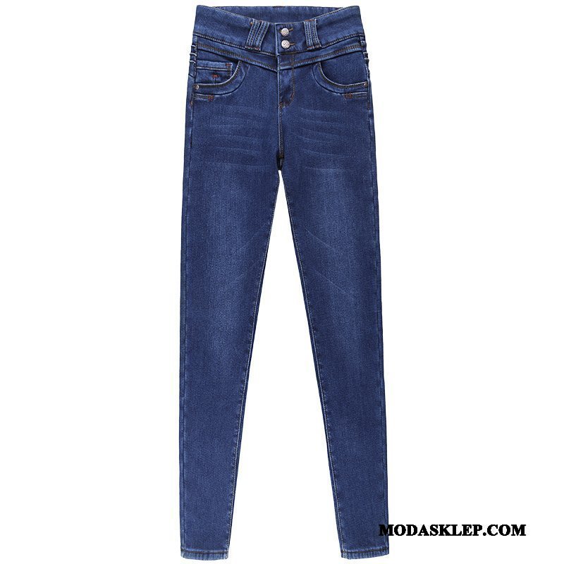 Damskie Jeansy Sklep Mały Guziki Slim Fit Dżinsy Wysoki Stan Ciemno Niebieski