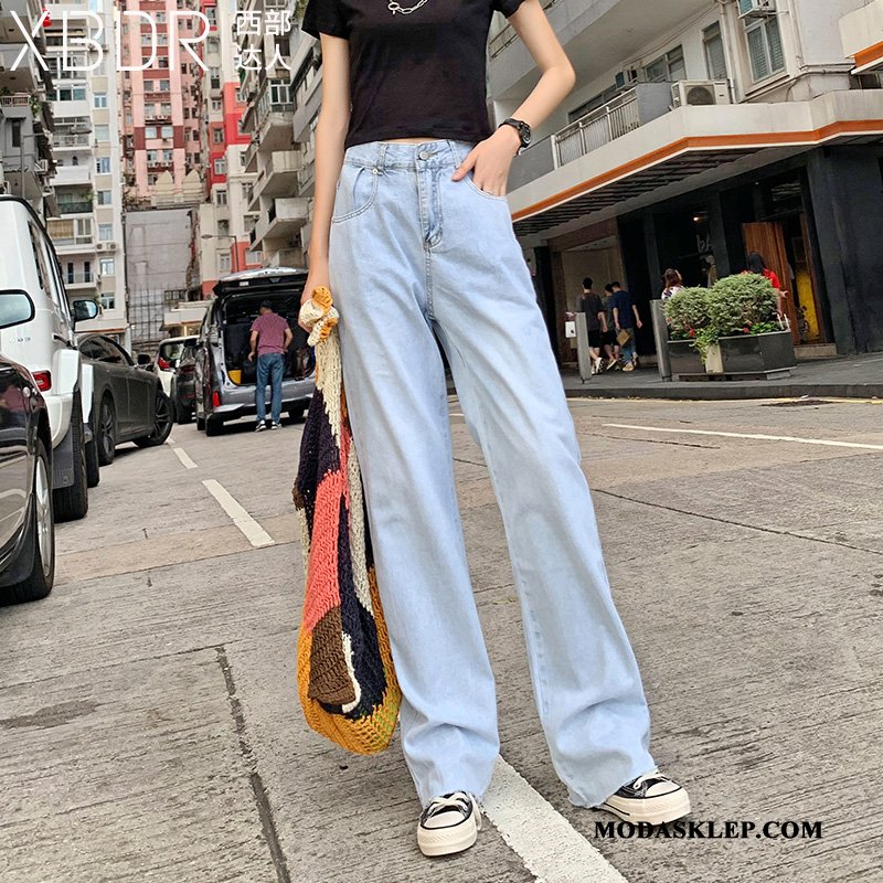 Damskie Jeansy Sklep Vintage Damska Cienkie Wysoki Stan Cienka Jasny Niebieski