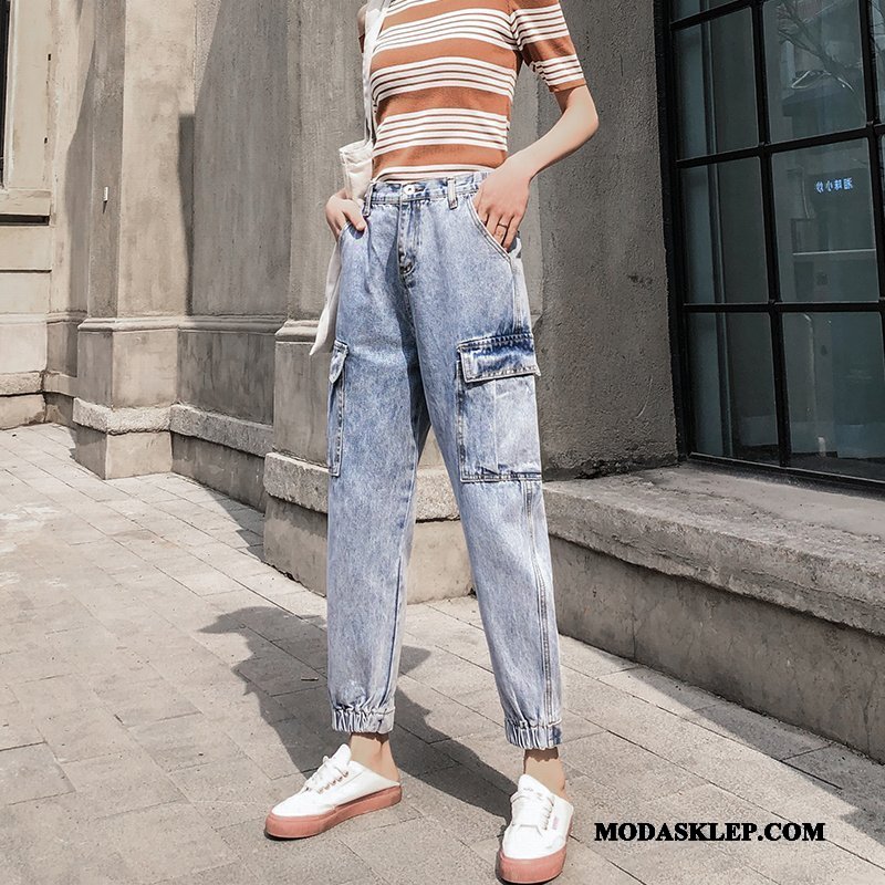 Damskie Jeansy Sprzedam Harlan Nowy Spodnie Cargo Wysoki Stan Slim Fit Niebieski Jasny