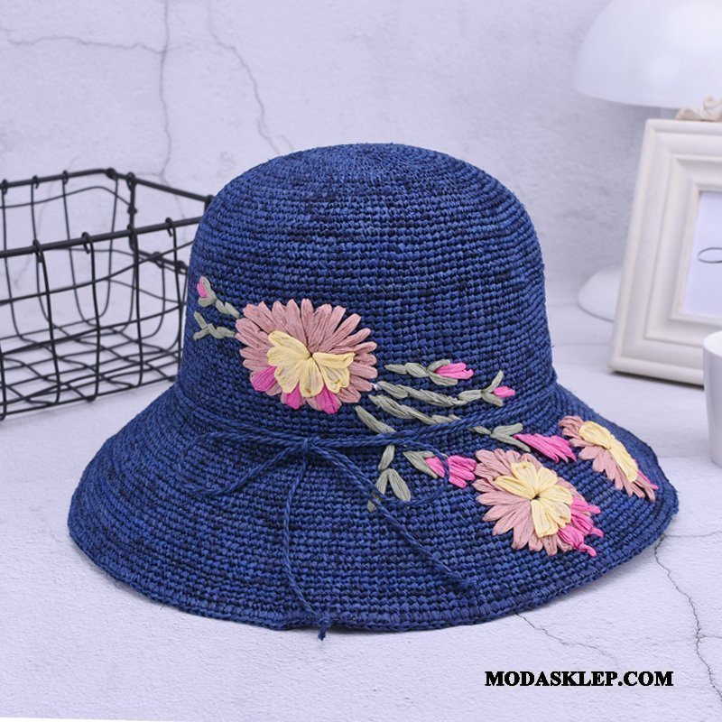 Damskie Kapelusz Oferta Vintage Kapelusz Rybacki Plażowe Kwiaty Słońce Niebieski
