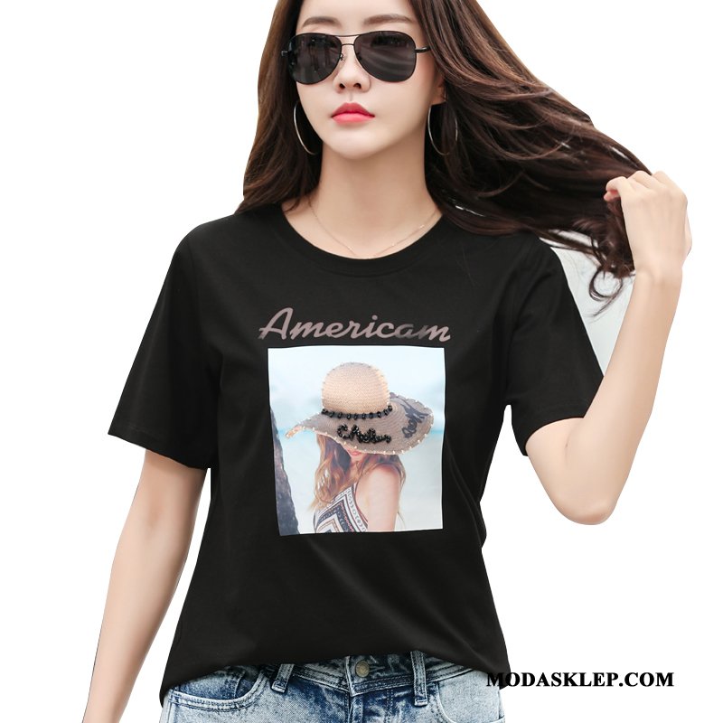 Damskie Koszulki Kup Szerokie Krótki Rękaw Topy Damska T-shirt Biały Czarny
