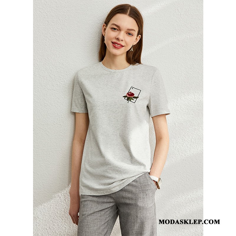 Damskie Koszulki Oferta Tendencja Moda Haftowana Damska Topy Róża Biały Szary