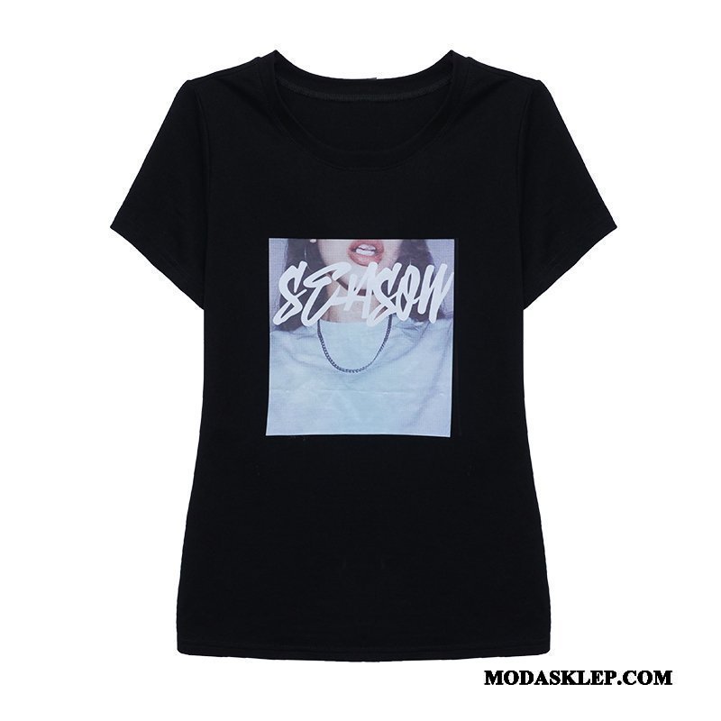 Damskie Koszulki Oferta Topy Szerokie Krótki Rękaw T-shirt Nowy Czarny