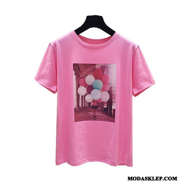 Damskie Koszulki Sklep Szerokie Bawełna Topy Nowy T-shirt Różowy Biały