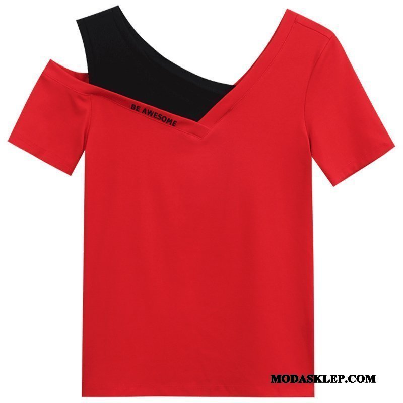 Damskie Koszulki Tanie Lato T-shirt Nowy Podkoszulek Krótki Rękaw Czerwony