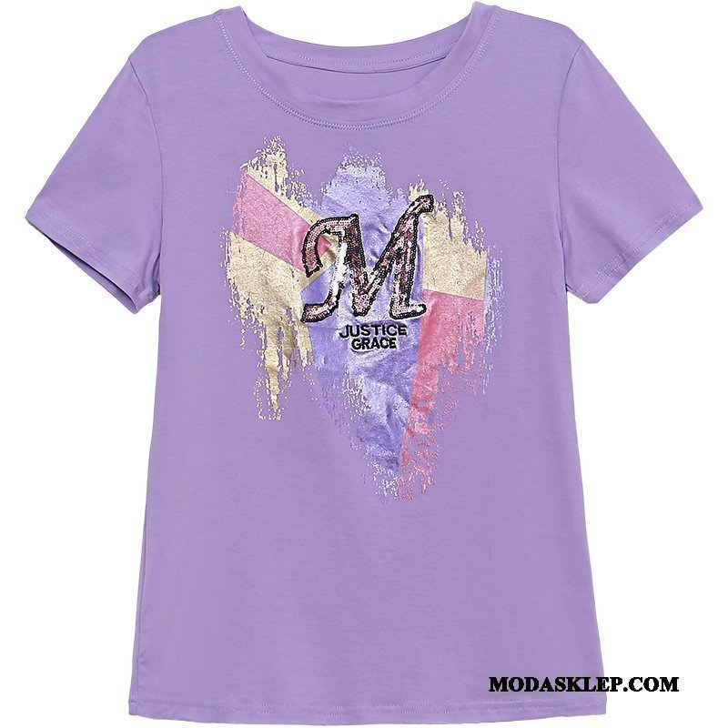 Damskie Koszulki Tanie Nowy 2019 Moda Lato T-shirt Fioletowy Biały