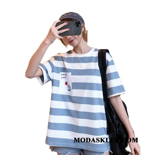 Damskie Koszulki Tanie T-shirt Szerokie Krótki Rękaw Tendencja Lato Niebieski Biały