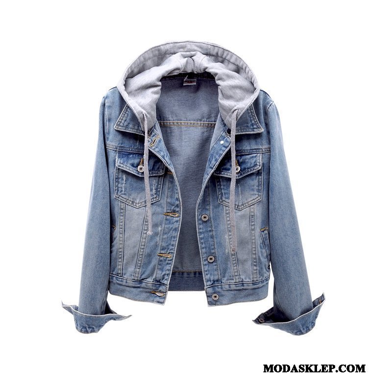 Damskie Kurtki Kup Student Slim Fit Denim 2019 Długi Rękaw Niebieski Jasny