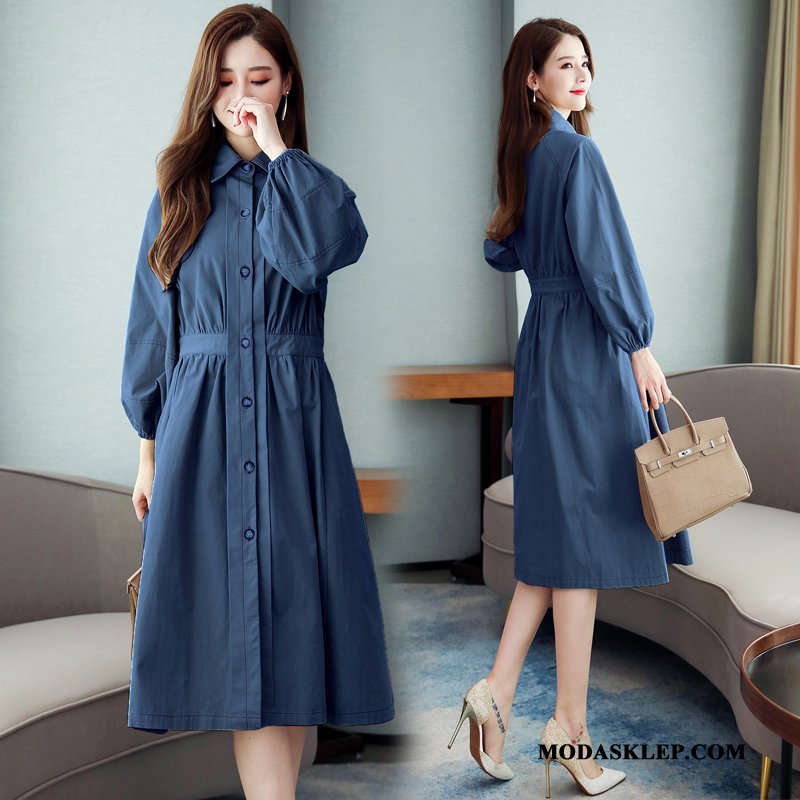 Damskie Prochowiec Kup Slim Fit Eleganckie Wygodne Kołnierzyk Koszulowy Lady Czysta Niebieski