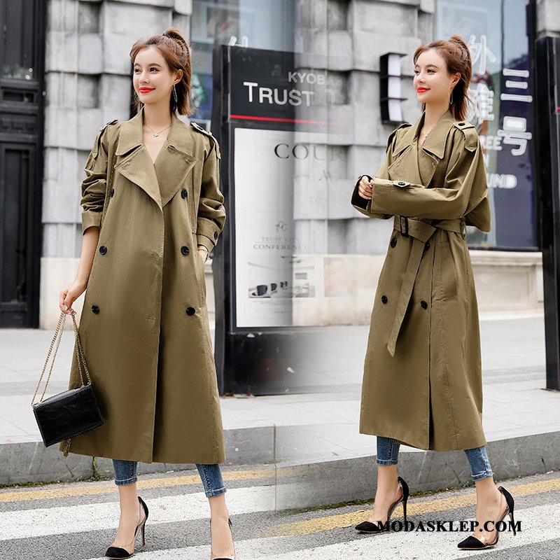 Damskie Prochowiec Kupię Slim Fit Moda Kieszenie 2019 Długi Rękaw Khaki Ciemno