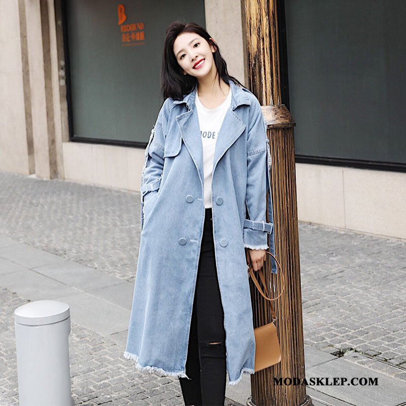 Damskie Prochowiec Sklep Płaszcz Długi Rękaw Denim Niebieski