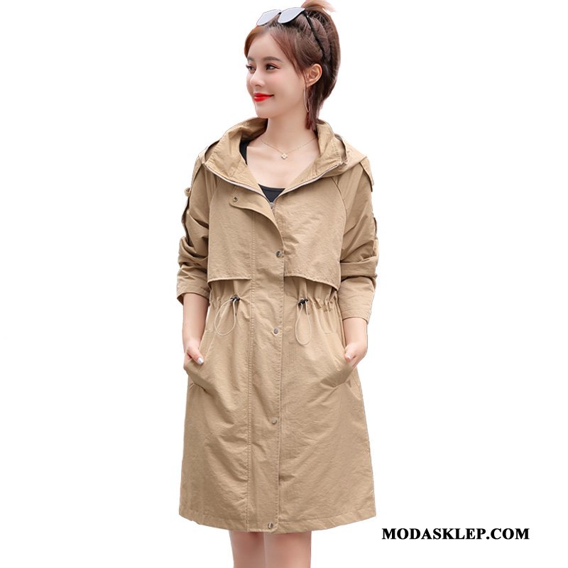 Damskie Prochowiec Tanie Moda 2019 Jesień Długie Casual Khaki Czysta