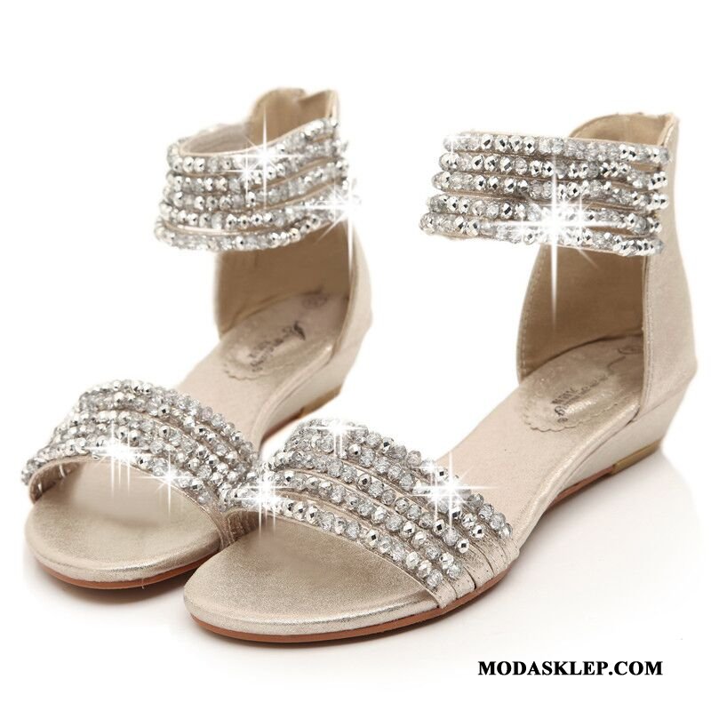 Damskie Sandały Online Damska Lato Rhinestone Zamek Wedge Beżowy Srebrny