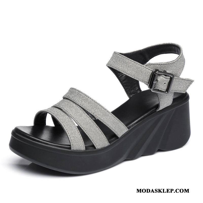 Damskie Sandały Sprzedam Z Grubą Podeszwą Lato Wygodne Wedge Buty Srebrny Szary