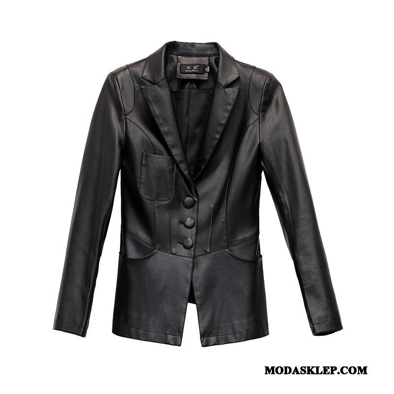 Damskie Skórzana Kurtka Dyskont Blezer Slim Fit Matka Topy Cienkie Czarny Żółty