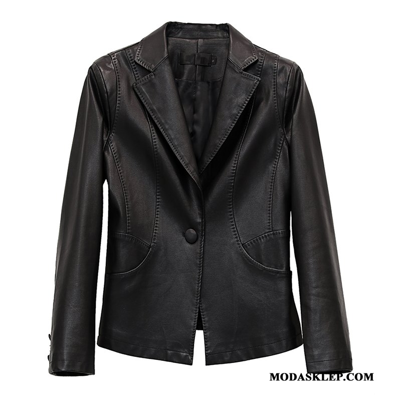 Damskie Skórzana Kurtka Tanie Casual Blezer Moda Eleganckie Płaszcz Czarny
