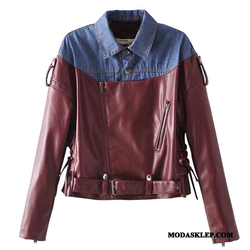 Damskie Skórzana Kurtka Tanie Szycie Jesień Denim Pu Skóra 2019 Burgund