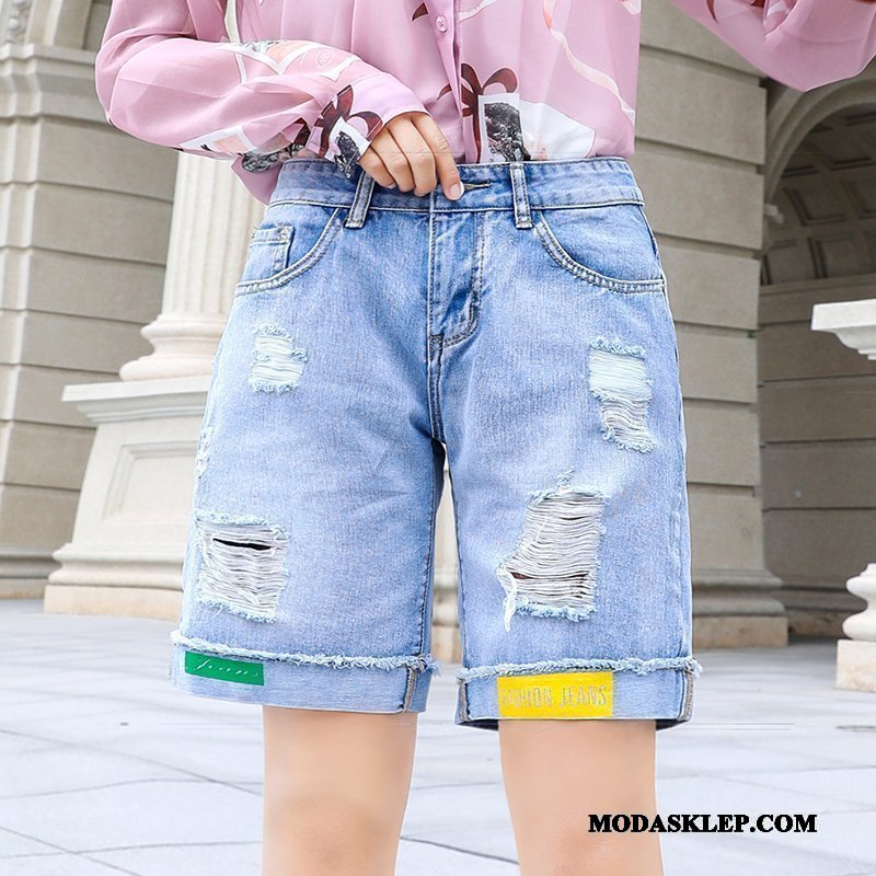 Damskie Spodenki Sklep Lato Szorty Wysoki Stan Damska Denim Jasny Niebieski Biały