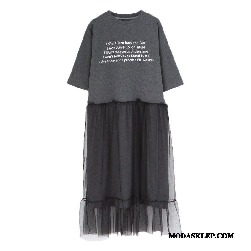 Damskie Sukienka Tanie Eleganckie Damska Gazy T-shirt Koronkowe Szary Ciemno