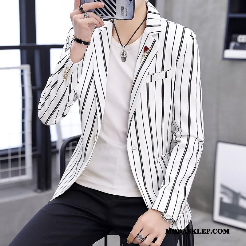 Męskie Blazer Kup W Paski Blezer Jesień 2019 Slim Fit Biały
