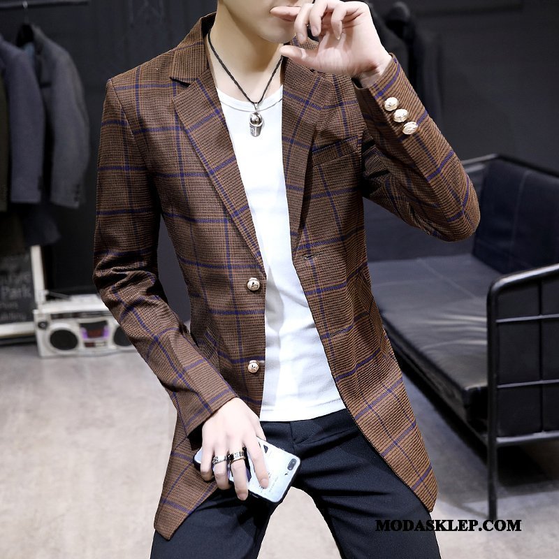 Męskie Blazer Tanie Blezer Jesień Slim Fit Tendencja Męska Brązowy