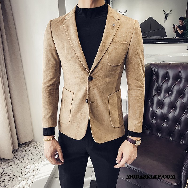 Męskie Blazer Tanie Młodzież Casual Kaszmir Wiosna Jesień Khaki