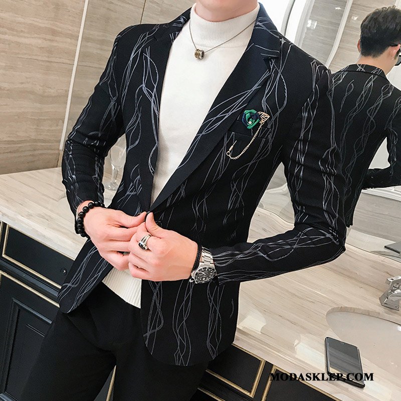Męskie Blezer Sprzedam W Paski Garnitur Młodzież Slim Fit Student Czarny