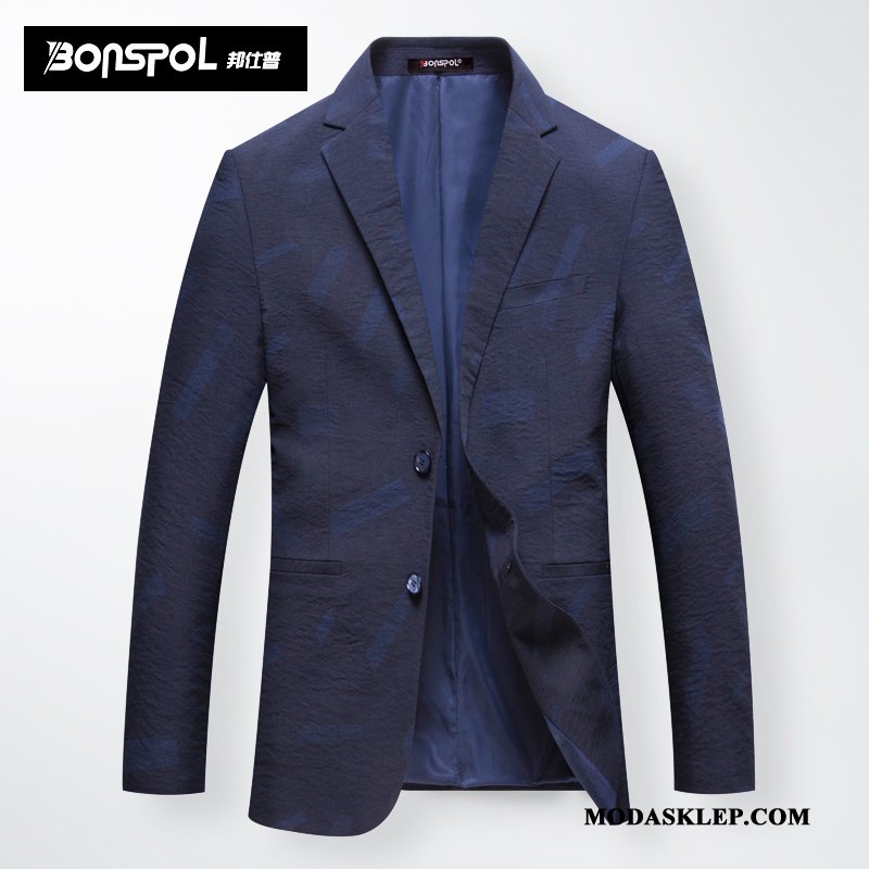 Męskie Blezer Tanie Slim Fit Płaszcz Męska Casual 2019 Ciemno Niebieski