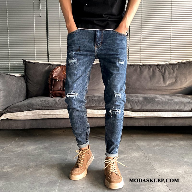 Męskie Jeansy Oferta Spodnie Ołówkowe Spodnie Casual Slim Fit Drukowana Ciemno Niebieski
