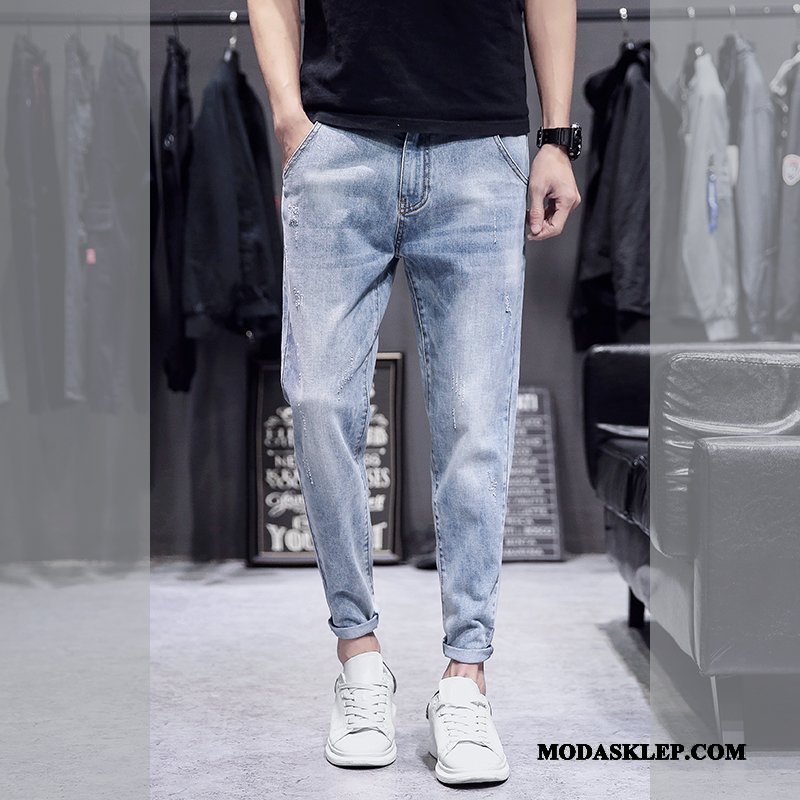 Męskie Jeansy Online Cienkie Lato Slim Fit Wiosna Dżinsy Niebieski Jasny