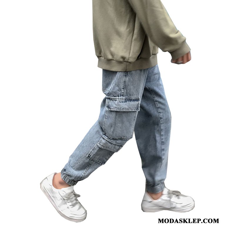 Męskie Jeansy Online Modna Marka Tendencja Slim Fit Spodnie Cargo Proste Niebieski