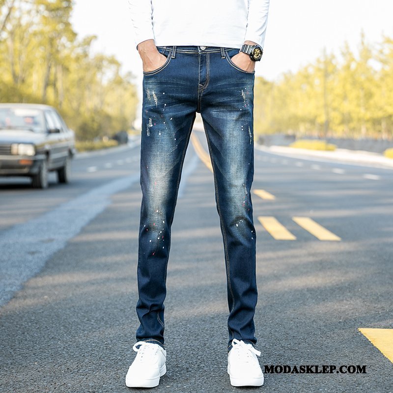 Męskie Jeansy Sprzedam Dżinsy Młodzież Slim Fit Męska Casual Niebieski Ciemno