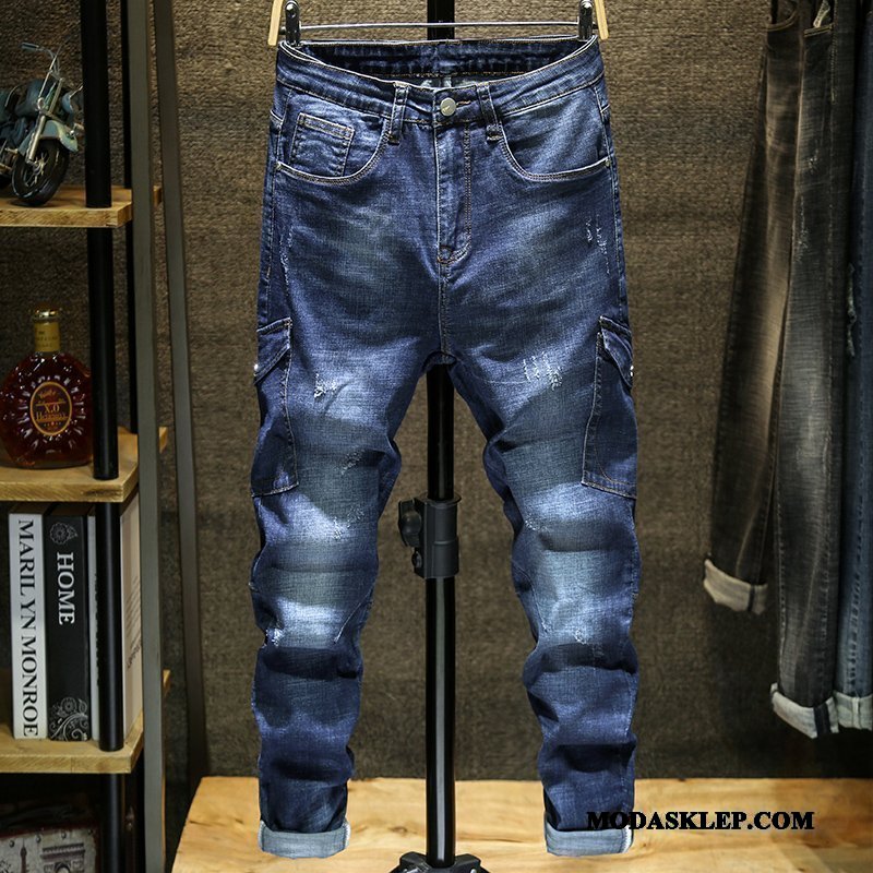 Męskie Jeansy Sprzedam Mały 2019 Slim Fit Z Dziurami Młodzież Niebieski Biały
