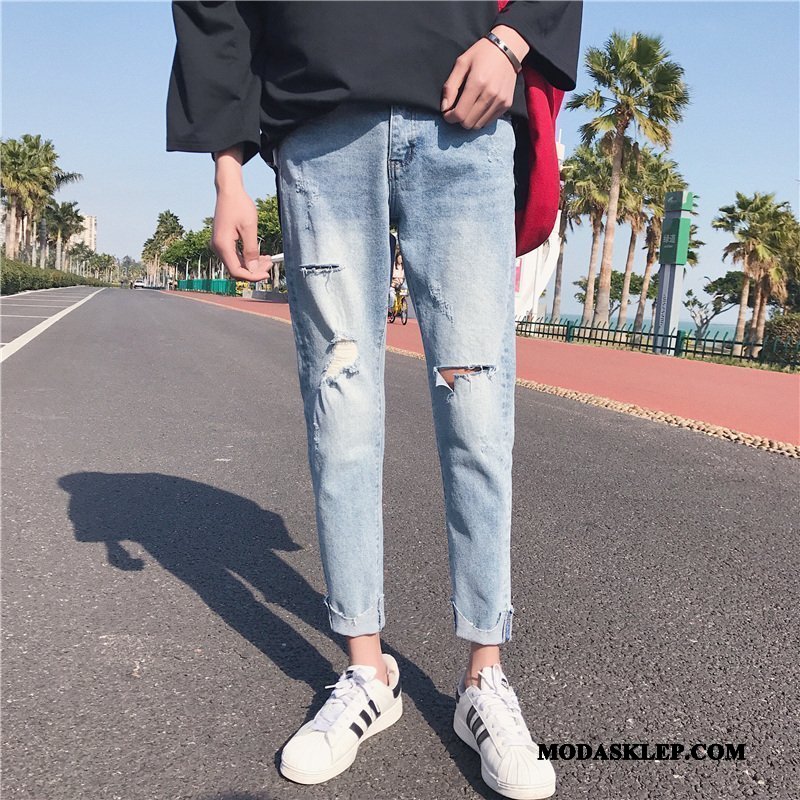 Męskie Jeansy Tanie Dżinsy Z Dziurami Lato Slim Fit Spodnie Niebieski