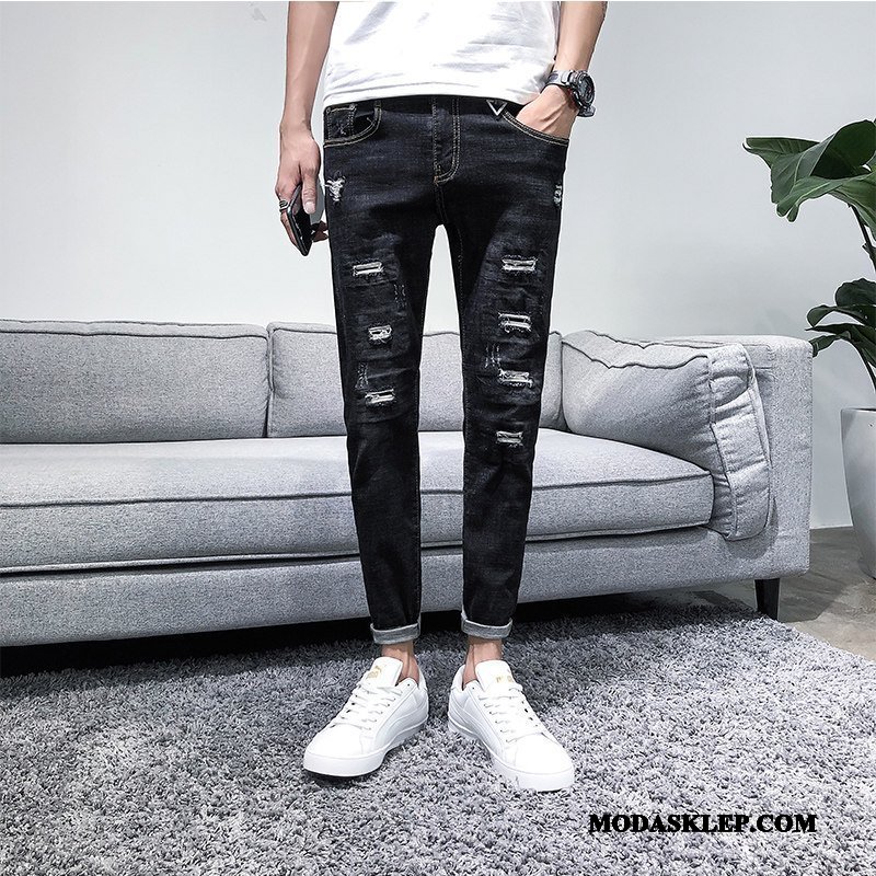 Męskie Jeansy Tanie Nowy Z Dziurami Slim Fit Spodnie Ołówkowe Spodnie Czarny