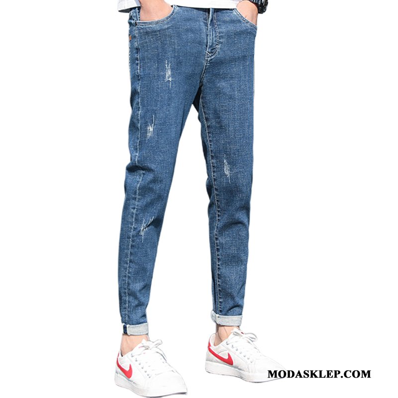 Męskie Jeansy Tanie Spodnie Piękny Nowy Casualowe Spodnie Slim Fit Ciemno Niebieski