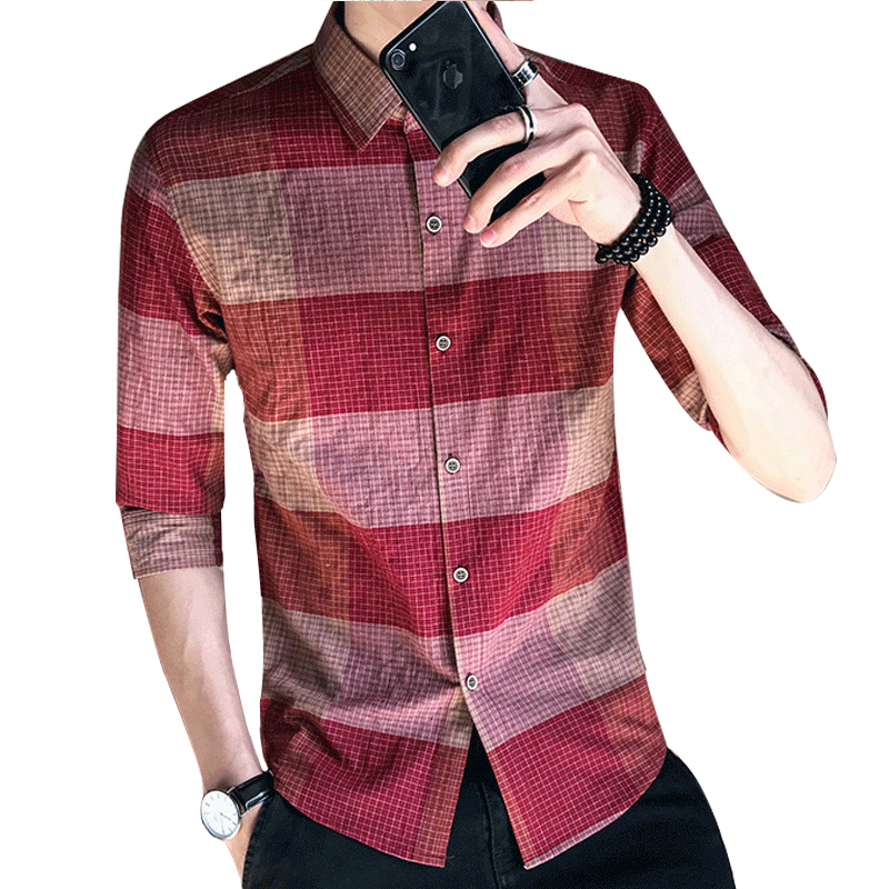 Męskie Koszula Dyskont Koszula Z Krótkim Rękawem Tendencja Duży Rozmiar Slim Fit Krata Czerwony