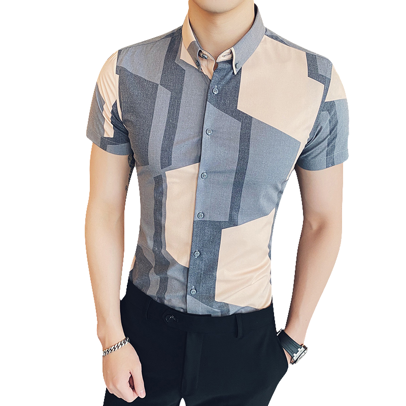Męskie Koszula Kupię Slim Fit Casual Piękne Lato Krata Szary