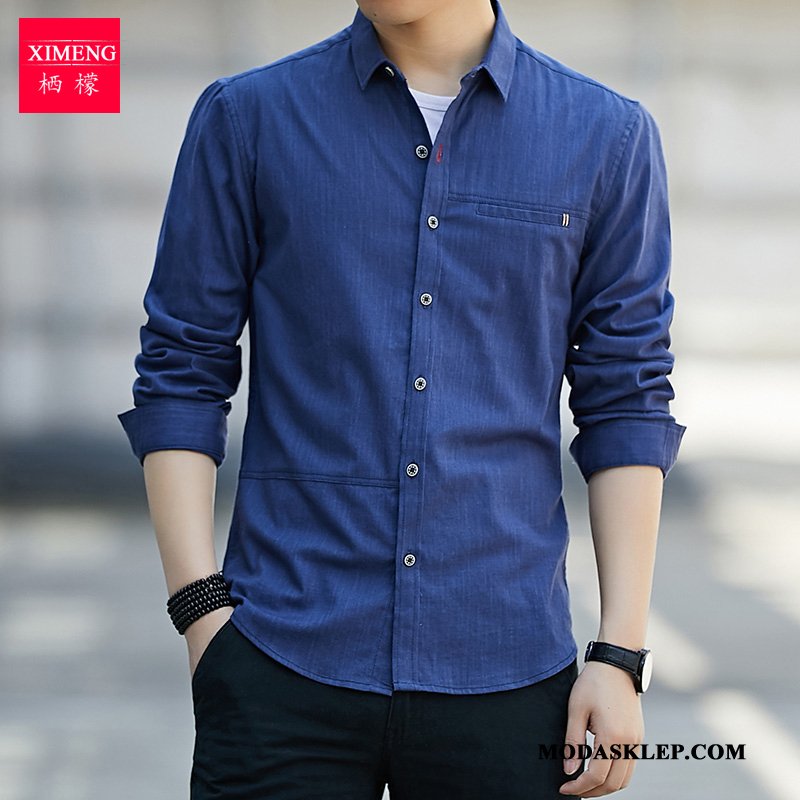 Męskie Koszula Oferta Bawełna Męska Bawełniane Slim Fit Casual Ciemno Niebieski
