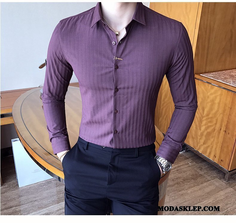 Męskie Koszula Oferta Slim Fit Biznes W Paski Tendencja Długi Rękaw Czysta Fiołkowy